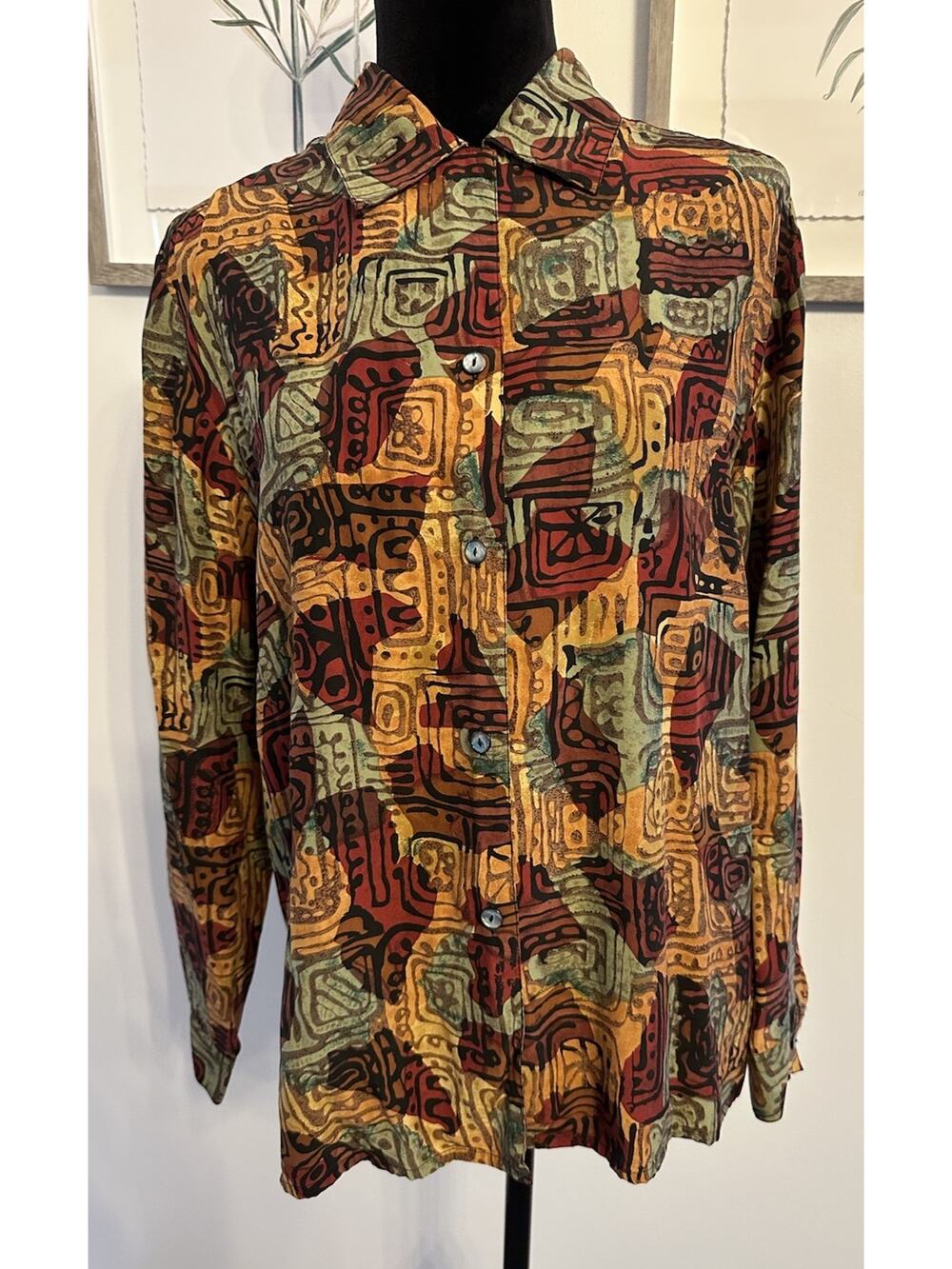 Vintage Silk Button Up Blouse Long Sleeve Size 10 Brown/Green Geometric Print